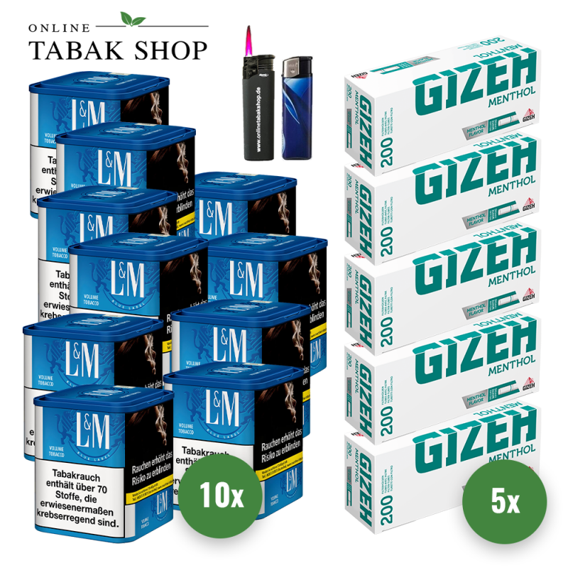 10x L&M Tabak Blau M 41g Dose + 1000 GIZEH Menthol Hülsen + Sturmfeuerzeug + Feuerzeug