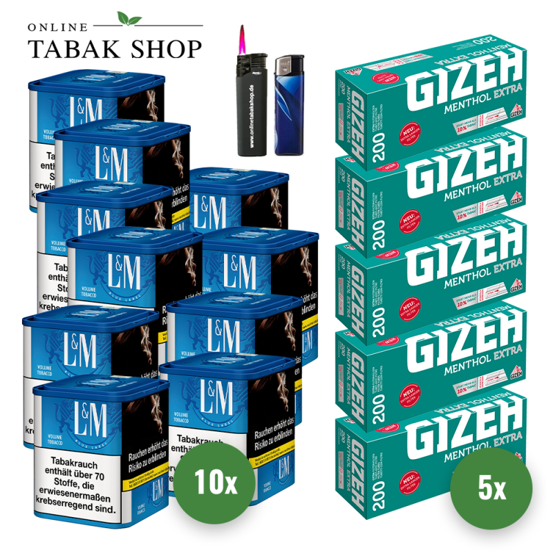 10x L&M Tabak Blau M 41g Dose + 1000 GIZEH Menthol Extra Hülsen + Sturmfeuerzeug + Feuerzeug