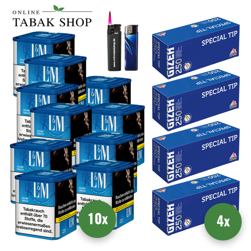 10x L&M Tabak Blau M 41g Dose + 1000 GIZEH Special Tip Hülsen + Sturmfeuerzeug + Feuerzeug