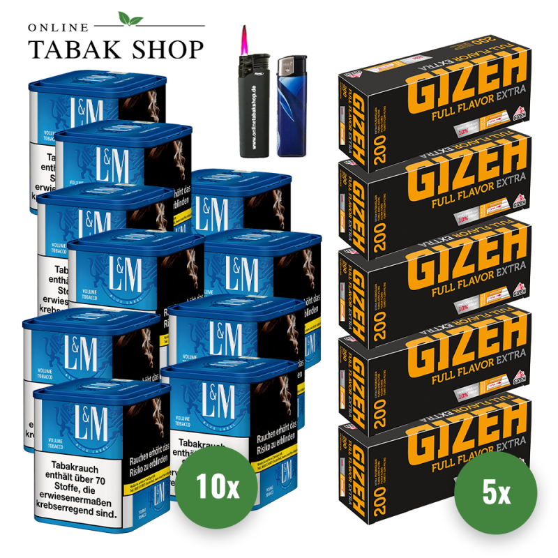 10x L&M Tabak Blau M 41g Dose + 1000 GIZEH Full Flavor Extra Hülsen + Sturmfeuerzeug + Feuerzeug