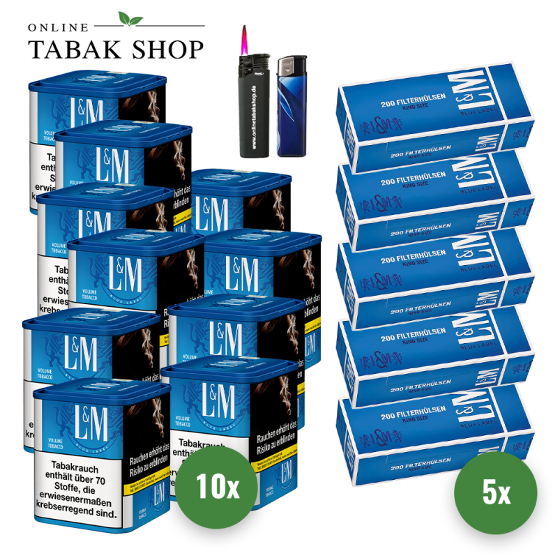 10x L&M Tabak Blau M 41g Dose + 1000 L&M Blau Hülsen + Sturmfeuerzeug + Feuerzeug