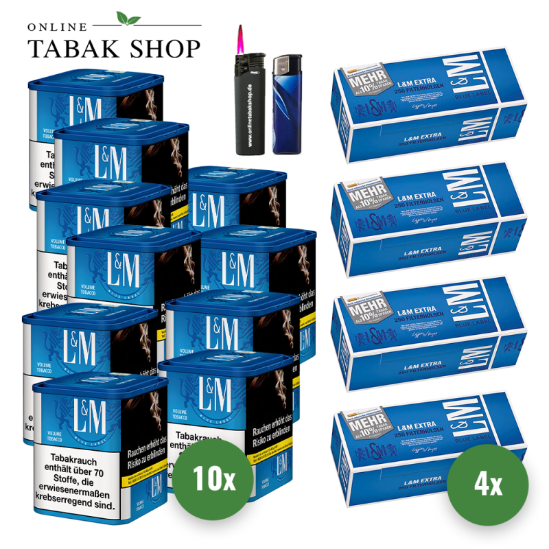 10x L&M Tabak Blau M 41g Dose + 1000 L&M Blau Extra Hülsen + Sturmfeuerzeug + Feuerzeug