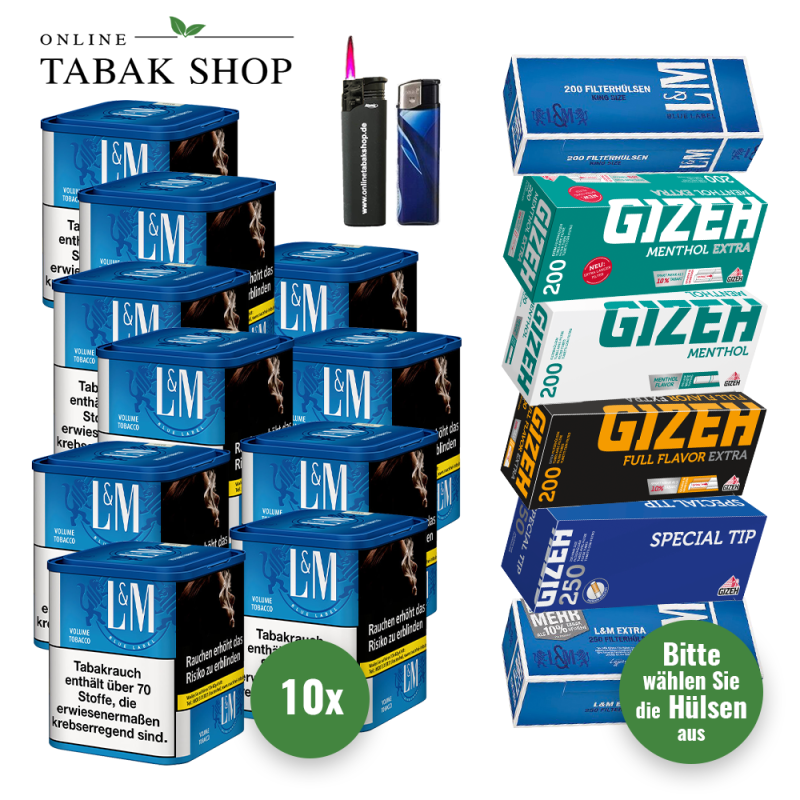 10x L&M Tabak Blau M 41g Dose + 1000 Hülsen (Sorte wählbar) + Sturmfeuerzeug + Feuerzeug