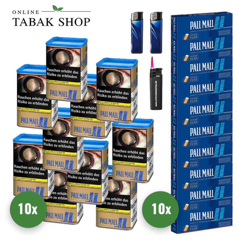 10x PALL MALL Authentic Blau Tabak XXL 71g Dose + 2000 PALL MALL Blau Xtra Hülsen + 2 Feuerzeuge + 1 Sturmfeuerzeug