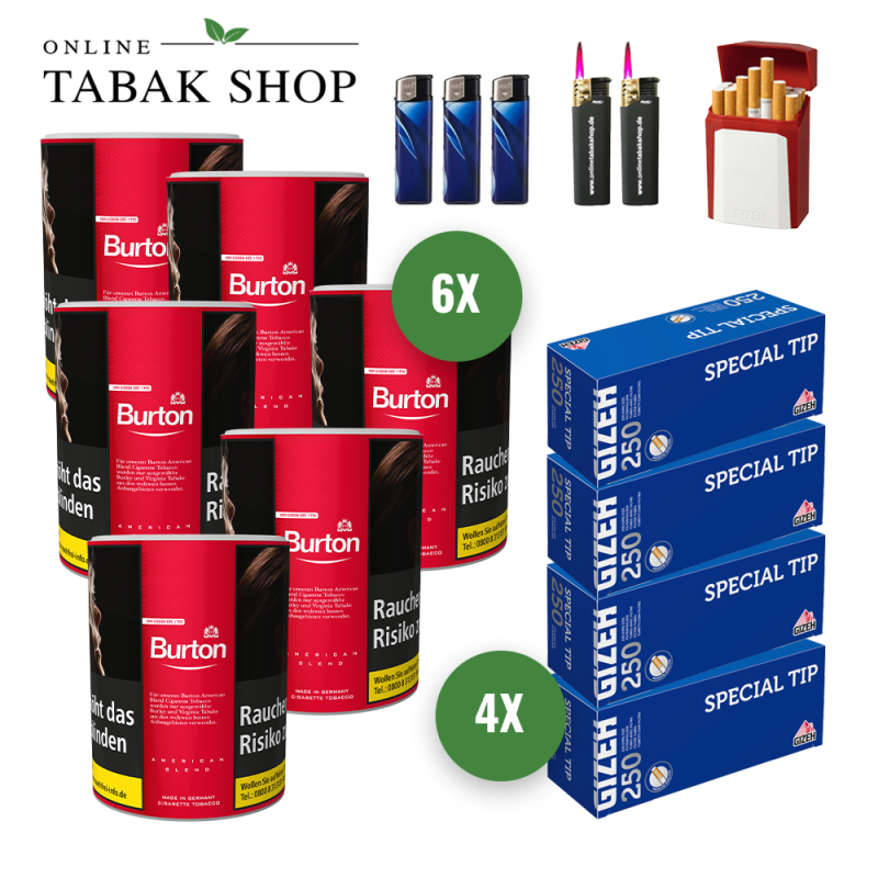 6x BURTON Red Tabak 120g Dose + 1000 GIZEH Special Tip Hülsen + 3 Feuerzeuge + 2 Sturmfeuerzeuge + 1 GIZEH Etui