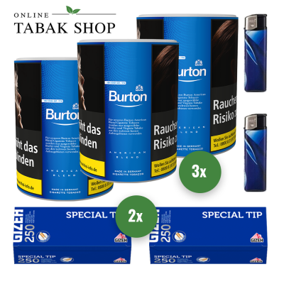 Burton Blue Zigaretten Tabak (3 x 120g) + 500 GIZEH Special Tip Hülsen + 2 Feuerzeuge