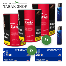 3x BURTON Red Tabak 120g Dose + 500 GIZEH Special Tip Hülsen + 2 Feuerzeuge