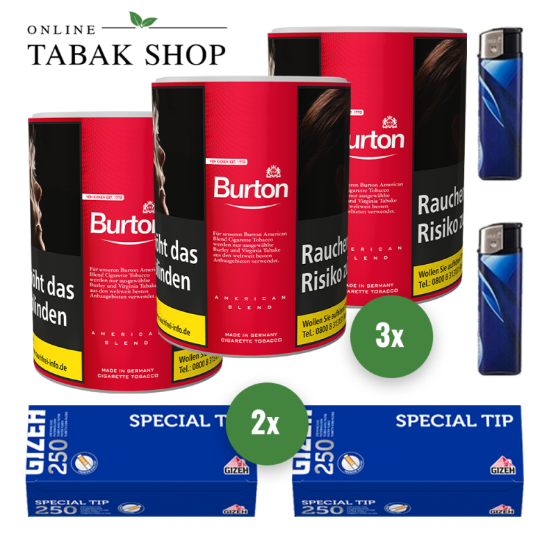 Burton Red Zigaretten Tabak (3 x 120g) + 500 GIZEH Special Tip Hülsen + 2 Feuerzeuge