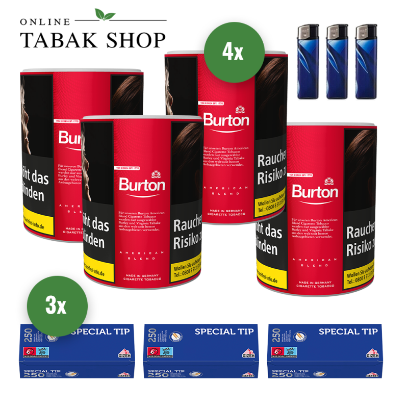 4x BURTON Red Tabak 120g Dose + 750 GIZEH Special Tip Hülsen + 3 Feuerzeuge