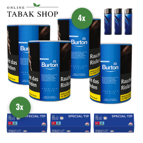Burton Blue Tabak (4 x 120g) + 750 GIZEH Special Tip Hülsen + 3 Feuerzeuge - 81,90 €
