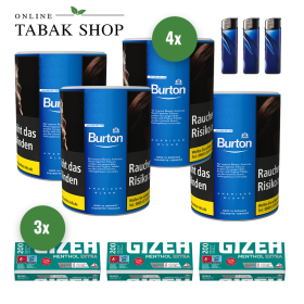 Burton Blue Tabak (4 x 120g) + 600 GIZEH Menthol EXTRA Hülsen + 3 Feuerzeuge - 81,90 €