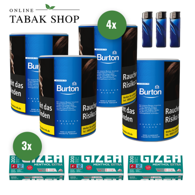 Burton Blue Tabak (4 x 120g) + 600 GIZEH Menthol EXTRA Hülsen + 3 Feuerzeuge