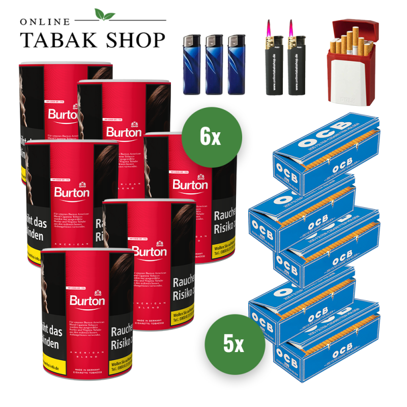 6x BURTON Red Tabak 120g Dose + 1000 OCB Blau Hülsen + 3 Feuerzeuge + 2 Sturmfeuerzeuge +1 GIZEH Etui