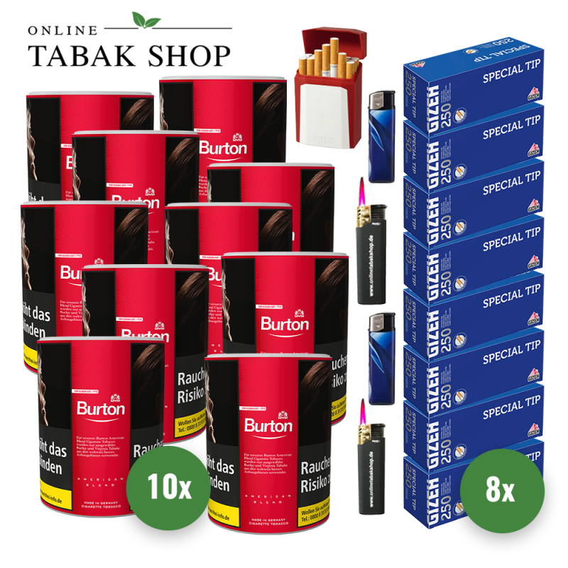 10x BURTON Red Tabak 120g Dose + 2000 GIZEH Special Tip Hülsen + 2 Feuerzeuge + 2 Sturmfeuerzeuge +1 GIZEH Etui