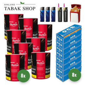 Burton Red Zigaretten Tabak (8 x 120g) + 1.600 OCB Hülsen + 3 Feuerzeuge + 2 Sturmfeuerzeuge + 1 GIZEH Etui - 164,05 €