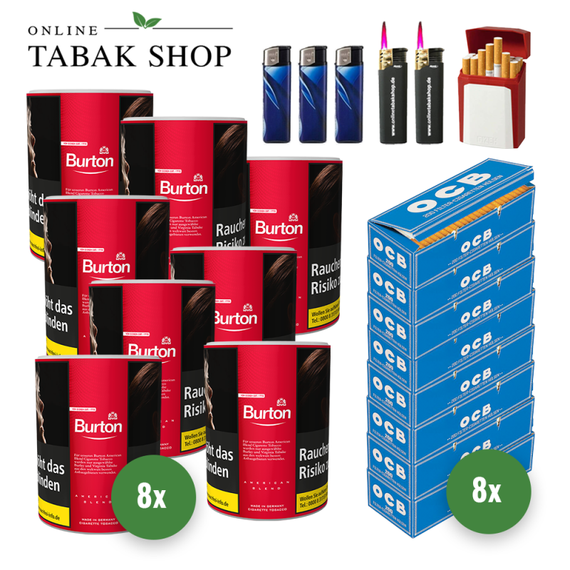 8x BURTON Red Tabak 120g Dose + 1600 OCB Blau Hülsen + 3 Feuerzeuge + 2 Sturmfeuerzeuge + 1 GIZEH Etui