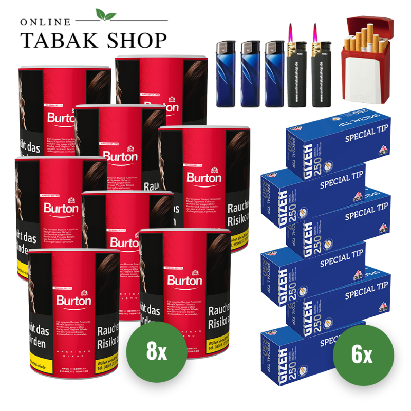 8x BURTON Red Tabak 120g Dose + 1500 GIZEH Special Tip Hülsen + 3 Feuerzeuge + 2 Sturmfeuerzeuge + 1 GIZEH Etui