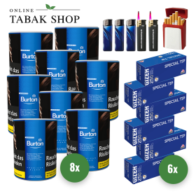 Burton Blue Zigaretten Tabak (8 x 120g) + 1.500 GIZEH Special Tip Hülsen + 3 Feuerzeuge + 2 Sturmfeuerzeuge + 1 GIZEH Etui - 164,05 €