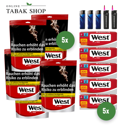 WEST Red Volumen Tabak (5 x 100g) + 1.000 WEST Red Hülsen + 3 Feuerzeuge + 2 Sturmfeuerzeuge