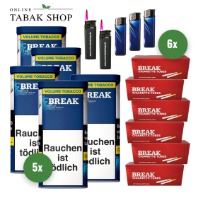 5x Break Blau Volumentabak 85g + 1200 Break Hülsen + 3 Feuerzeuge + 2 Sturmfeuerzeuge