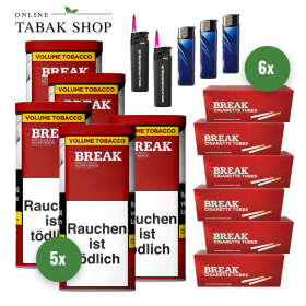 BREAK Original Tabak (5 x 100g) + 1.200 BREAK Hülsen + 2 Sturmfeuerzeuge + 3 Feuerzeuge - 95,25 €
