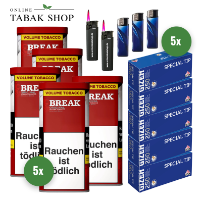 BREAK Original Tabak (5 x 100g) + 1.250 GIZEH Special Tip Hülsen + 2 Sturmfeuerzeuge + 3 Feuerzeuge