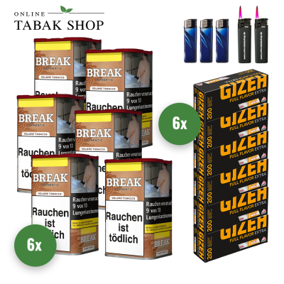 Break Authentic Volumentabak ohne Zusätze (6 x 65g), 1200 Gizeh Full Flavor EXTRA Hülsen, 3 Feuerzeuge , 2 Sturmfeuerzeuge
