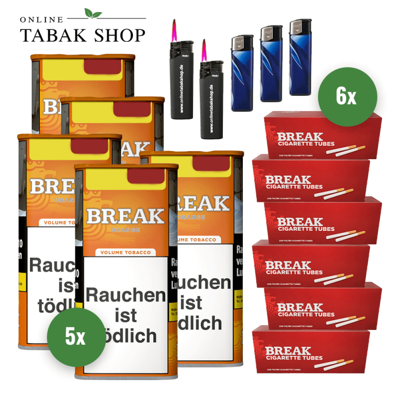 5x BREAK Orange Tabak 85g Dose + 1200 BREAK Hülsen + 3 Feuerzeuge + 2 Sturmfeuerzeuge