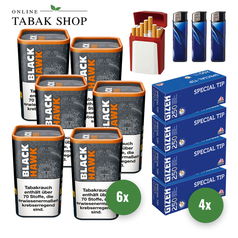 6x BLACK HAWK Volumentabak 90g + 1000 GIZEH Special Tip Hülsen + 3 Feuerzeuge + GIZEH Etui
