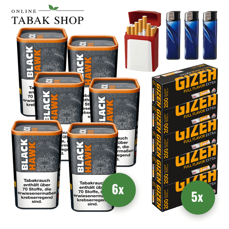 6x BLACK HAWK Volumentabak 90g + 1000 GIZEH Full Flavor Extra Hülsen + 3 Feuerzeuge + GIZEH Etui