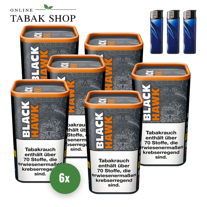 6x BLACK HAWK Volumentabak 90g + 3 Feuerzeuge