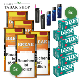 BREAK Orange Tabak (5 x 100g) + 1.200 GIZEH Menthol "Extra" Hülsen + 3 Feuerzeuge + 2 Sturmfeuerzeuge - 90,25 €