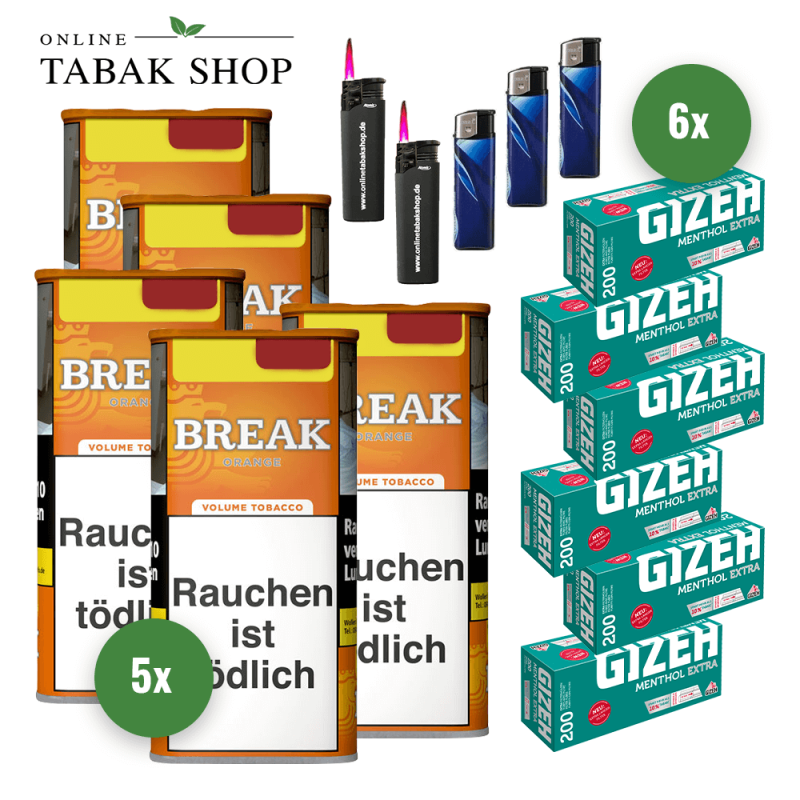 BREAK Orange Tabak (5 x 100g) + 1.200 GIZEH Menthol "Extra" Hülsen + 3 Feuerzeuge + 2 Sturmfeuerzeuge