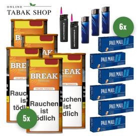 BREAK Orange Tabak (5 x 100g) + 1.200 PALL MALL Blue Hülsen + 3 Feuerzeuge + 2 Sturmfeuerzeuge - 90,25 €