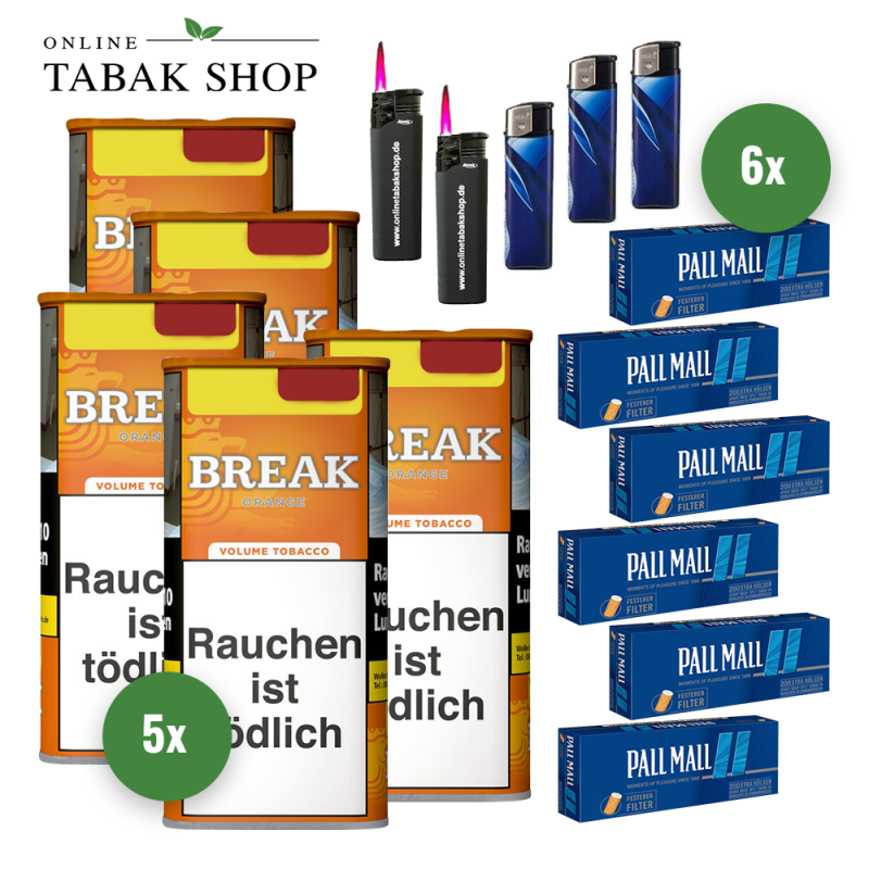 BREAK Orange Tabak (5 x 100g) + 1.200 PALL MALL Blue Hülsen + 3 Feuerzeuge + 2 Sturmfeuerzeuge