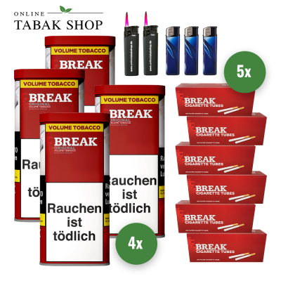 BREAK Original Tabak (4 x 100g) + 1.000 BREAK Hülsen + 2 Sturmfeuerzeuge + 3 Feuerzeuge