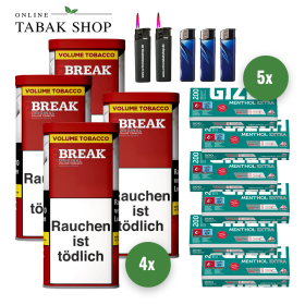 BREAK Original Tabak (4 x 100g) + 1.000 GIZEH Menthol "Extra" Hülsen + 1 Sturmfeuerzeug + 2 Feuerzeuge - 76,00 €