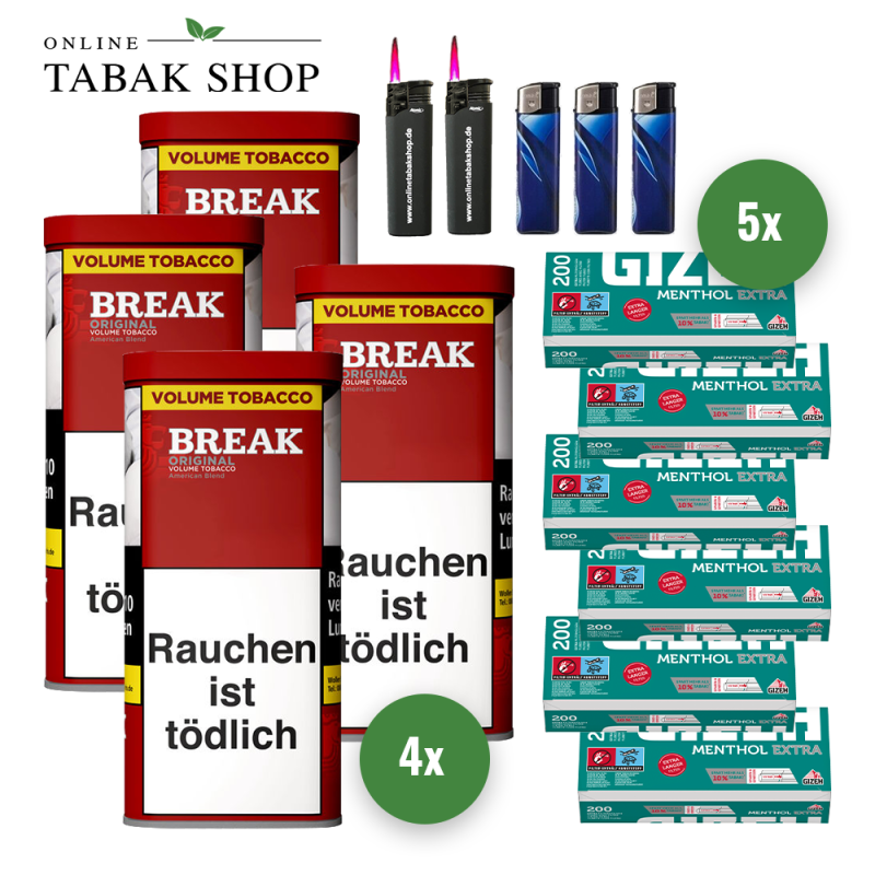 BREAK Original Tabak (4 x 100g) + 1.000 GIZEH Menthol "Extra" Hülsen + 1 Sturmfeuerzeug + 2 Feuerzeuge