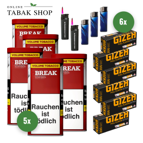 5x Break Original Tabak Dose 85g + 1200 Gizeh Full Flavor Extra Hülsen + 3 Feuerzeuge + 2 Sturmfeuerzeuge