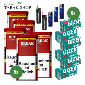 5x Break Original Tabak 85g + 1200 Gizeh Menthol Extra Hülsen + 3 Feuerzeuge + 2 Sturmfeuerzeuge
