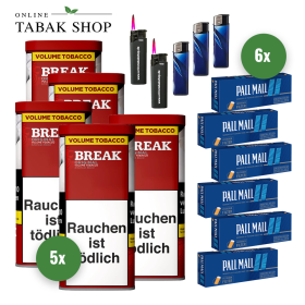 BREAK Original Tabak (5 x 100g) + 1.200 PALL MALL Blue Hülsen + 2 Sturmfeuerzeuge + 3 Feuerzeuge - 98,00 €