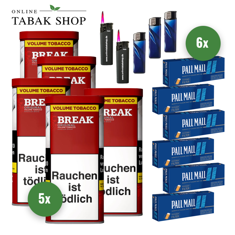 BREAK Original Tabak (5 x 100g) + 1.200 PALL MALL Blue Hülsen + 2 Sturmfeuerzeuge + 3 Feuerzeuge