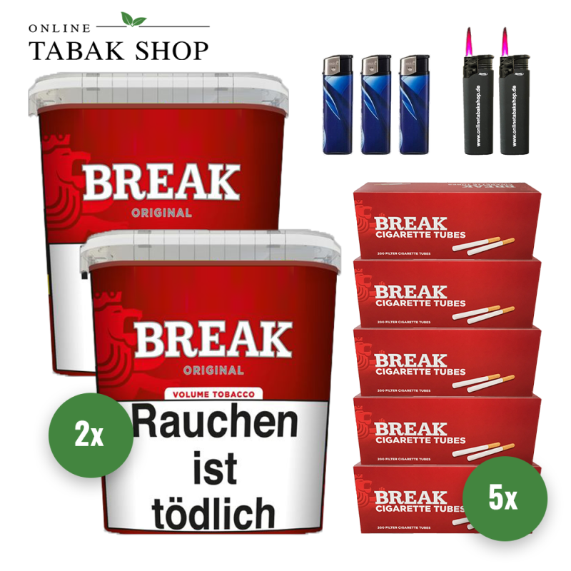 2x BREAK Tabak Rot 185g Eimer + 1000 BREAK Hülsen + 3 Feuerzeuge + 2 Sturmfeuerzeuge