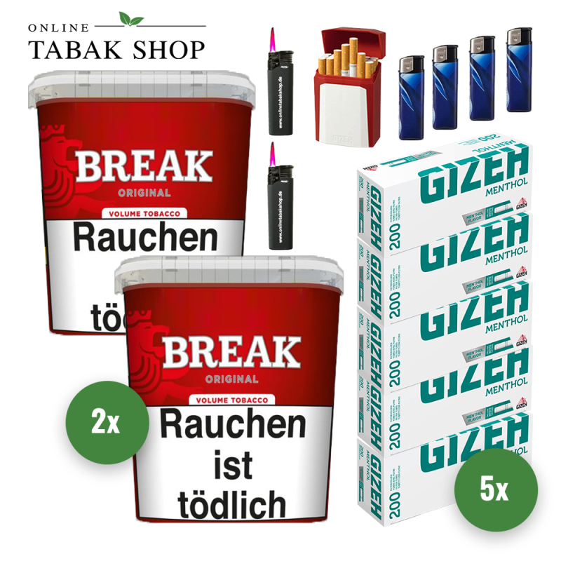 2x BREAK Tabak Rot 185g Eimer + 1000 GIZEH Menthol Hülsen + 4 Feuerzeuge + 2 Sturmfeuerzeuge + GIZEH Etui