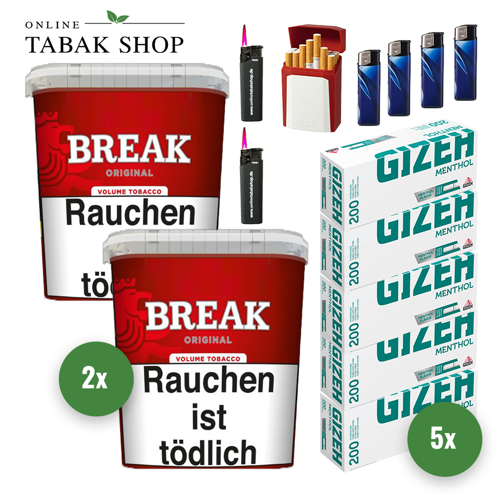 BREAK Original Tabak (2 x 215g) +1.000 GIZEH Menthol Hülsen ⇒ Online Tabak  Shop