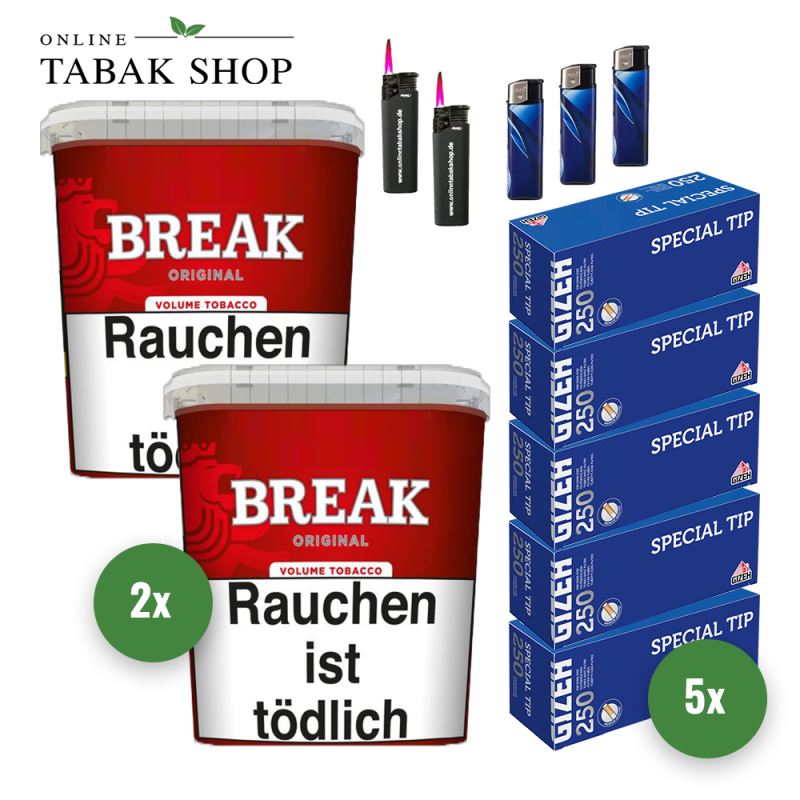 2x BREAK Tabak Rot 185g Eimer + 1250 GIZEH Special Tip Hülsen + 3 Feuerzeuge + 2 Sturmfeuerzeuge