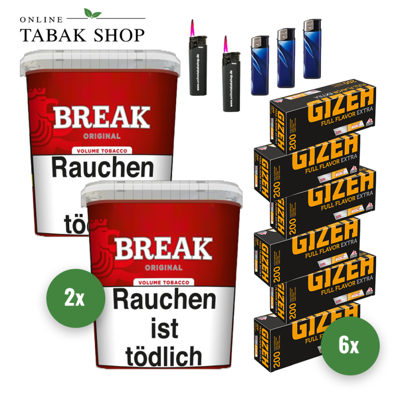2x BREAK Tabak Rot 185g Eimer + 1200 GIZEH Full Flavor Extra Hülsen + 3 Feuerzeuge + 2 Sturmfeuerzeuge