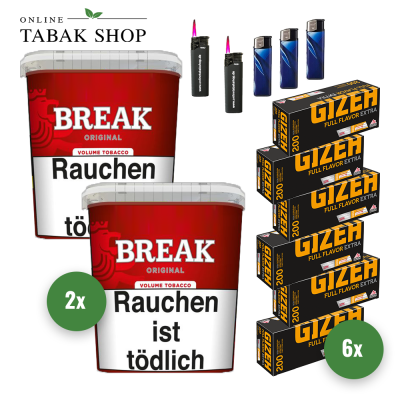 Break Original Volumentabak (2x 215g), 1200 Gizeh Full Flavor Extra Hülsen, 3x Feuerzeuge, 2x Sturmfeuerzeuge