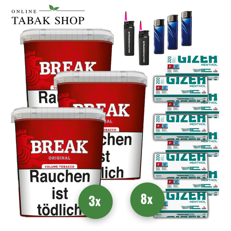 3x BREAK Tabak Rot 185g Eimer + 1600 GIZEH Menthol Hülsen + 3 Feuerzeuge + 2 Sturmfeuerzeuge