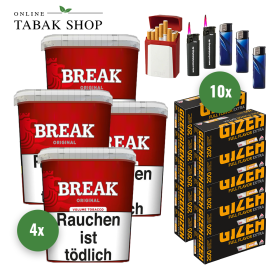 Break Original Volumentabak (4x 215g) + 2.000 GIZEH Full Flavor EXTRA Hülsen + 3 Feuerzeuge + 2 Sturmfeuerzeuge + 1 GIZEH Etui - 154,30 €